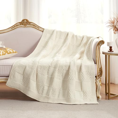 Knit Throw Blanket, Soft Chenille Cozy Breathable Checkered Chunky Decorative Blanket for Couch, Bed & Sofa, French-Inspired Lightweight Warm Gift for Women, Ivory, 60"x80" - color: Checkered Ivory, size: Checkered Knit 60"x80"