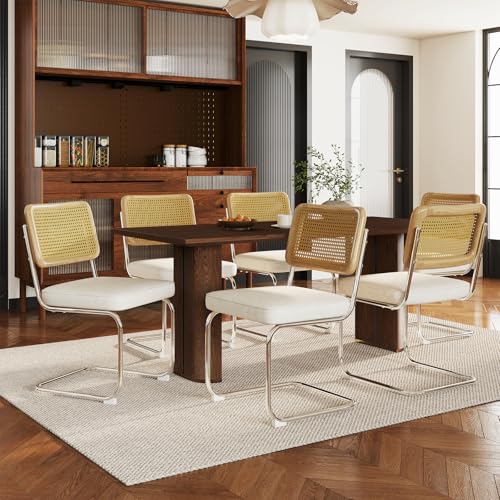 Rattan Dining Chairs Set of 6,Velvet Cesca Chair Kitchen Chair,Beige | VICBARLEY Mid Century Modern Dining Chairs,Wood Cane Backrest&Chrome Base,Upholstered Side Chair for Dining Room,Kitchen - color: Beige, size: Set of 6