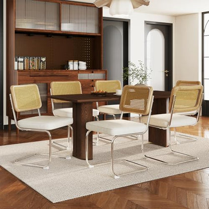 Rattan Dining Chairs Set of 6,Velvet Cesca Chair Kitchen Chair,Beige | VICBARLEY Mid Century Modern Dining Chairs,Wood Cane Backrest&Chrome Base,Upholstered Side Chair for Dining Room,Kitchen - color: Beige, size: Set of 6