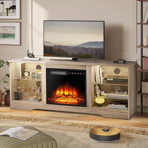 58" Fireplace TV Stand for TVs up to 65", Gray | 18" electric fireplace, modern LED entertainment center, wood storage cabinet with shelves for living room - color: Grey, size: 58"