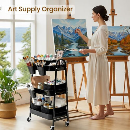 3-Tier Rolling Utility Cart with 4 Woven Baskets, Diaper Book Snack Cart, Storage Organizer for Nursery, Kitchen, Craft Room, Home SPA, Living Room, Metal Frame Trolley on Lockable Wheels, Black - color: Black