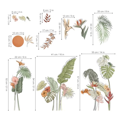 decalmile Boho Tropical Leaves Flower Plants Sun Wall Decals Stickers - color: B