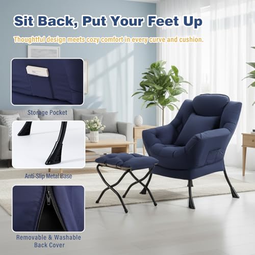 Lazy Chair with Ottoman, Comfy Reading Chair for Bedroom，Navy | Comfy Bedroom Accent Chair with Washable Removable Cover and extra throw pillow for Living Room Dorm - color: Peach Navy-1