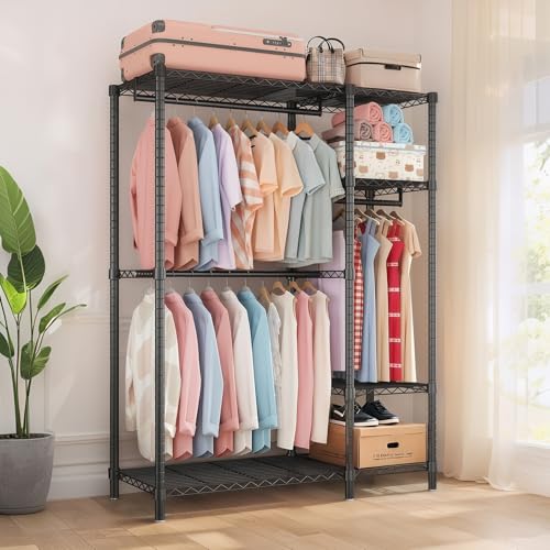 Heavy Duty Garment Rack with Shelves, Black | Heavy Duty Clothes Rack with 3 Hanging Rods & 6 Shelves, Freestanding Adjustable Garment Rack for Bedroom - size: 44.88''W×17.13D''×76.38''H