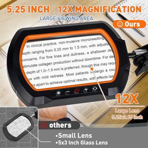 HITTI 12X Square Ultra Long Magnifying Glass with Light and Clamp | 3-Section Arm Hands Free Lighted Stand, 5 Color Modes, Stepless Dimming LED Desk Lamp for Workbench, Crafting, Reading-Yellow