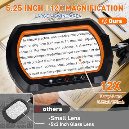 HITTI 12X Square Ultra Long Magnifying Glass with Light and Clamp | 3-Section Arm Hands Free Lighted Stand, 5 Color Modes, Stepless Dimming LED Desk Lamp for Workbench, Crafting, Reading-Yellow