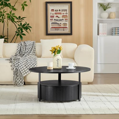 33 Inch Round Wood Coffee Table with Storage, Fluted Coffee Tables with 2 Tiers, Mid-Century Modern Center Table with a Single Drawer for Living Room - color: 33.07" 2 Tier-black
