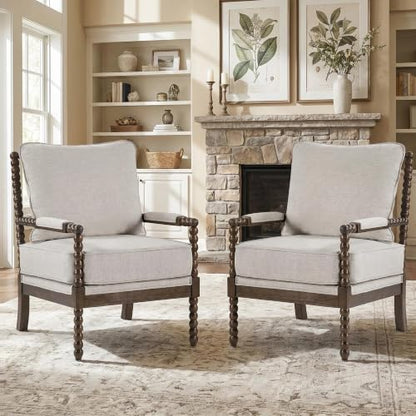 DUHOME Chenille Fabric Spindle Accent Chair Set of 2,Bobbin Chair with High Resilience Spring Cushion and Armrest Pads, Leisure Armchair for Living Room Bedroom Farmhouse Home Office Belcony - color: Dark Walnut+grey, size: 2 pcs