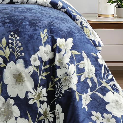 Sunshine Nicole Reversible Comforter Set, Printed Distressed Velvet Front and Sold Distressed Velvet Reverse, 3 Pieces Navy Blue King, with Soft Polyester Fill - color: Navy, size: King