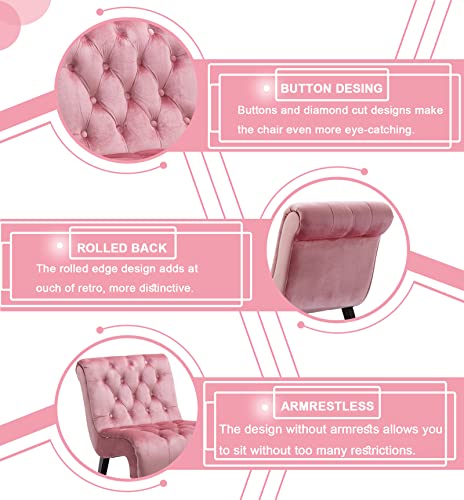 Comfy Velvet Accent Chair Set of 2, Tufted Armless Chair with Rolled Edge | Modern Small Lounger for Living Room, Upholstered Reading Chaise Lounge with Solid Rubber Wood Legs, Pink - color: Pink, size: Set of 2