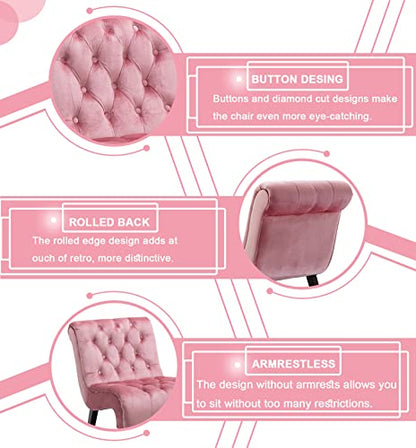 Comfy Velvet Accent Chair Set of 2, Tufted Armless Chair with Rolled Edge | Modern Small Lounger for Living Room, Upholstered Reading Chaise Lounge with Solid Rubber Wood Legs, Pink - color: Pink, size: Set of 2
