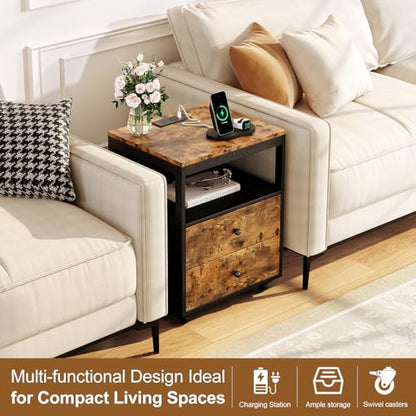 Bedroom Nightstand with Charging Station, Side Table with 2 Drawers,Sofa End Table Living Room with Wheels for Living Room Bedroom Office(Rustic Brown + Black) - color: [A2] Black & Brown