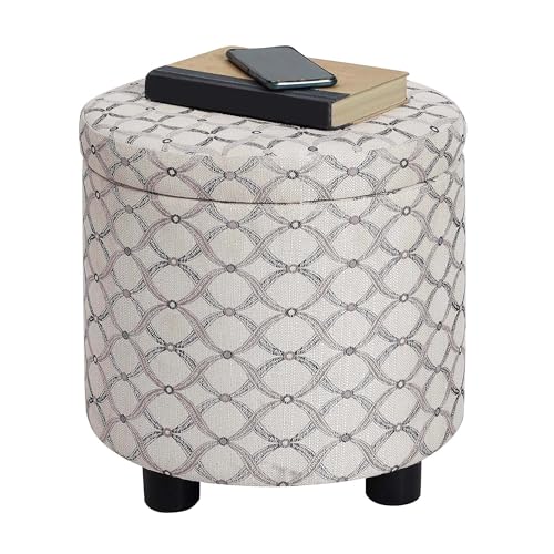 Convenience Concepts Designs4Comfort Accent Storage Ottoman 15.75" - Round Modern Upholstered Foot Stool with Tray Lid for Living Room, Family Room Storage Ottoman Seat, Ribbon Pattern Fabric