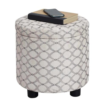Convenience Concepts Designs4Comfort Accent Storage Ottoman 15.75" - Round Modern Upholstered Foot Stool with Tray Lid for Living Room, Family Room Storage Ottoman Seat, Ribbon Pattern Fabric