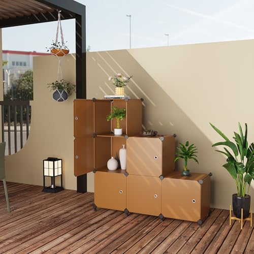 6Cube Storage Organizer Modular Stackable with Doors Brown | Sturdy plastic 6-cube cabinet with doors, 30x30x30cm per cube, tool-free snap assembly, ideal for bedroom, stairs, closet. - color: Brown