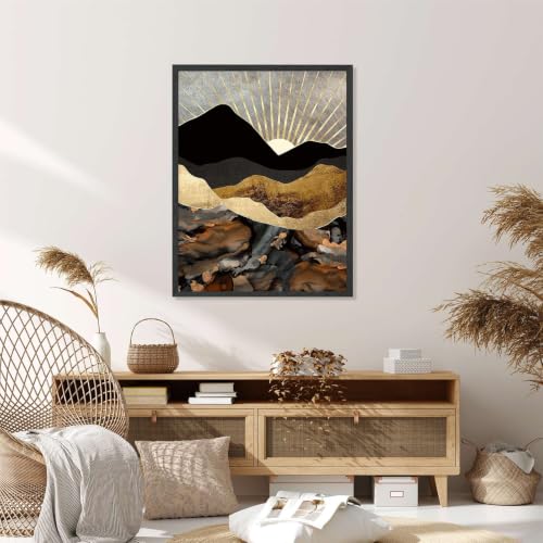 Black Framed Abstract Gold Mountain Sun Retro Poster�� Canvas Print Art�� Modern Minimalist Aesthetic Wall Art Painting Pictures Wall Decor�� Elegant Home Decor�� Living Room (Black frame,12''LX18''W) - size: 12''LX18''W