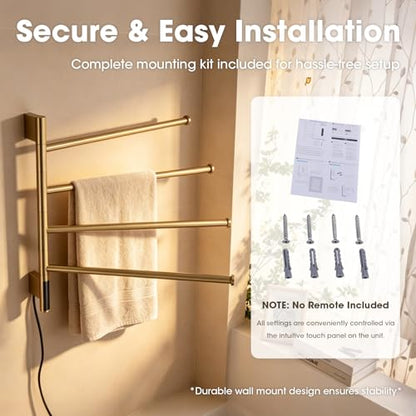 TRUSTMI 4-Swing Electric Towel Warmer with Timer, Brushed Gold | Rust-proof 304 SS warmer with carbon fiber heat, LED touch 24H timer, and 4 swing arms. Keeps bathroom towels dry - color: Brushed Gold