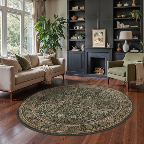6ft Round Area Rug 6x6, Washable Non Slip, Dark Green Brown | Vintage Floral, Spill Resistant, Lightweight Low Pile Non-Shedding Carpet for Bedroom, Nursery and Dining Room - color: Dark Green Brown, size: 6' (Round)