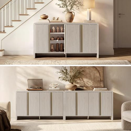 59" Fluted Sideboard Buffet Cabinet with Storage, White Alder | Modern Credenza Console with 4 Doors & Adjustable Shelves, Wood Coffee Bar for Kitchen, Living Room, Entryway