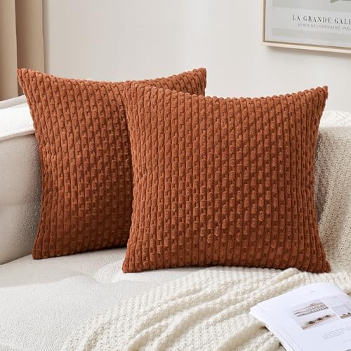 MIULEE Fall Decorative Throw Pillow Covers 16x16 Burnt Textured Corduroy | Terracotta Pack of 2 Striped Pillow Covers Modern Farmhouse Autumn Home Decor for Couch Bed Sofa Living Room - color: Burnt, size: 16" x 16" (Pack of 2)