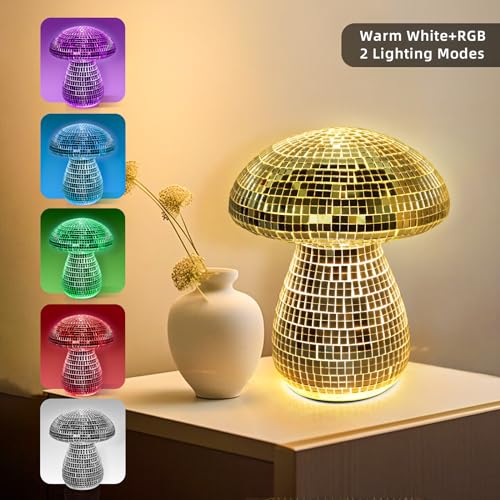 Mushroom Table Lamp Decor Light: Disco Glass Bedside Table Lamp with Rechargeable Cordless Touch - 5 Colors, 2 Mood Lighting - Cute Nightstand Lamp for Ambient, Kids, Bedroom, Living, Girl Gift - color: Silver