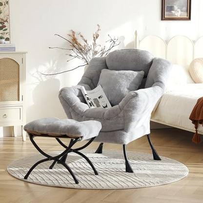 Lazy Chair with Ottoman, Plush Reading Chair with Pillow，Gray | Removable machine-washable cover; includes an extra throw pillow; cozy accent chair for living room, bedroom, dorm or office - color: Plush White Grey-1
