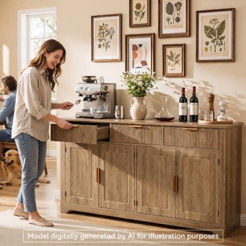 YITAHOME 59" Buffet Cabinet Fluted Sideboard Coffee Bar Natural Oak | Kitchen Storage Cabinet Adjustable Shelves & Drawers, Mid Century Modern Credenza for Kitchen, Living Room