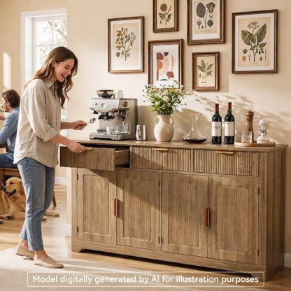 YITAHOME 59" Buffet Cabinet Fluted Sideboard Coffee Bar Natural Oak | Kitchen Storage Cabinet Adjustable Shelves & Drawers, Mid Century Modern Credenza for Kitchen, Living Room