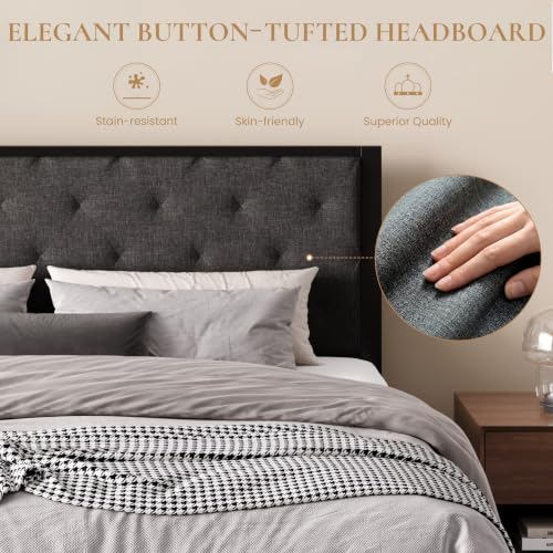 SHA CERLIN King Size Metal Bed Frame with Linen Tufted Headboard, Dark Gray | Modern Design Heavy-Duty Platform Bed, No Box Spring Need, Linen Fabric Upholstery, Noise Free, Easy Assembly - color: Dark Grey, size: King