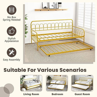 Giantex Twin Daybed with Trundle Gold, Metal Day Bed with Convenient Pull-Out Trundle Bed, Metal Slats, Lockable Universal Wheels, 2-in-1 Daybed Bed Frame for Guest Room, Living Room, Bedroom