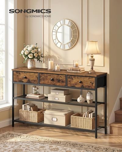 SONGMICS Console Table, Narrow Sofa Table with 2 Mesh Shelves | For Entryway, Living Room, 3 Fabric Drawers, Rustic Brown, BELLAH Collection ULGS014K101 - color: Rustic Brown, size: 11.8"D x 44.8"W x 31"H (3 Drawers)