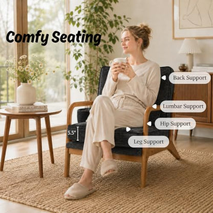 Karl home Mid-Century Modern Accent Reading Chair, Black | Chenille Upholstered, Solid Wood Frame, Soft Cushion, Lumbar Pillow, Lounge Armchair for Living Room, Bedroom, Balcony, Study - color: Chenille Black