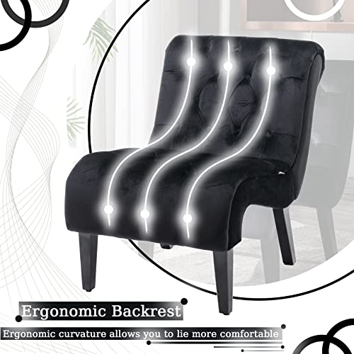 Comfy Velvet Accent Chair, Tufted Armless Side Chair with Rolled Edge | Modern Small Lounger for Living Room, Upholstered Reading Chaise Lounge with Solid Rubber Wood Legs, Black - color: Deep Black, size: Set of 1