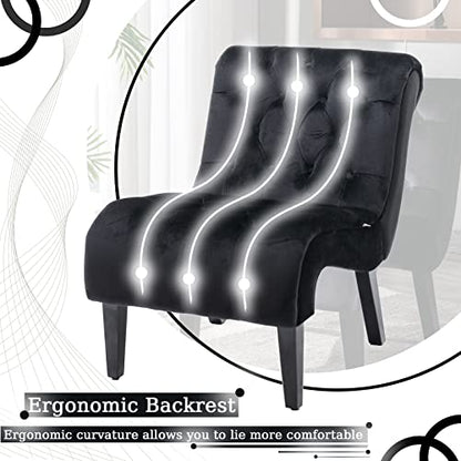 Comfy Velvet Accent Chair Set of 2, Tufted Armless Chair with Rolled Edge | Modern Small Lounger for Living Room, Upholstered Reading Chaise Lounge with Solid Rubber Wood Legs, Black - color: Deep Black, size: Set of 2
