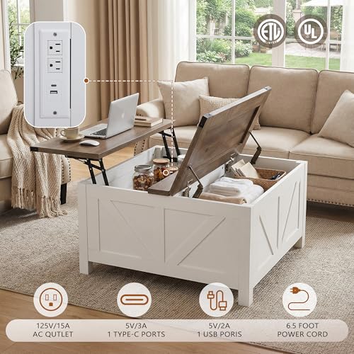 35” Farmhouse Coffee Table with Large Storage, Rustic Wood Lift Top Coffee Table for Living Room, Square Center Table with Charging Station&USB, Modern Port Pottery Barn Lift top Table - color: Grey