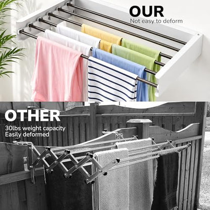 Wall Mounted Clothes Drying Rack Collapsible, Pure Stainless Steel Folding Laundry Drying Rack for Indoor Outdoor Use, Heavy Duty Wall Mounted Clothes Rack White