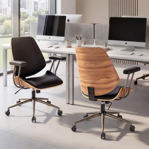 Modern Mid Back Office Chair, Adjustable Swivel Desk Chair with Arms, Black | Faux leather seat, wood accent detail, mid-back with padded armrests, adjustable swivel, for home office, bedroom & study - color: Black, size: 1-Piece Back / No Headrest