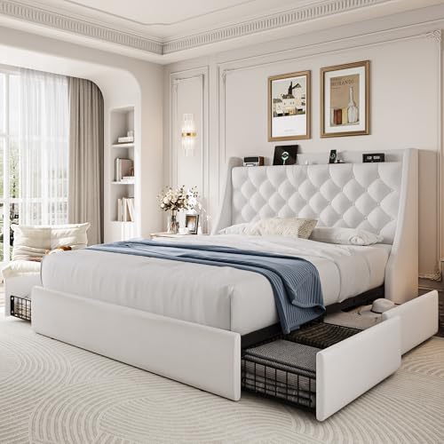 Full Size Upholstered Platform Bed Frame with 4 Storage Drawers and Charging Station, Linen Button Tufted Wingback Headboard, Sturdy Wooden Support Slats, No Box Spring Needed, White - color: White, size: Full