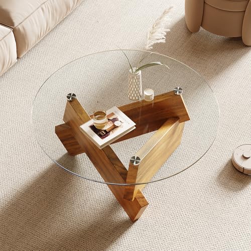 Honyee Modern Round Coffee Table, 30.7" x 30.7" x 16.1" Tempered Glass Top for Living Room, Color: Natural Wood - color: Natural Wood