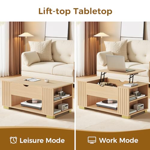 COMHOMA Lift Top Coffee Tables for Living Room, 39" Center Table with Hidden Storage Compartment, Adjustable Wooden Tea Table for Small Spaces, Natural Oak - color: Natural Oak