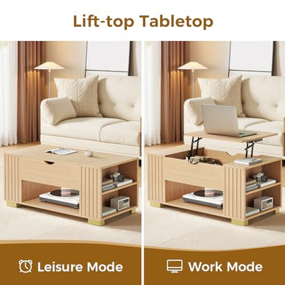 COMHOMA Lift Top Coffee Tables for Living Room, 39" Center Table with Hidden Storage Compartment, Adjustable Wooden Tea Table for Small Spaces, Natural Oak - color: Natural Oak