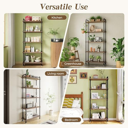 Industrial Bookshelf, Pipe Shelf Bookcase, 5 Tier, 30" Weathered Brown | Solid pine shelves, 30 inch wide, black pipe frame, 35 lbs per shelf, open bookcase for books, plants, office - color: Weathered Brown, size: 30"L × 70"H