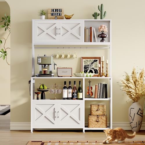 Huuger Large Bakers Rack with Power Outlet, Kitchen Microwave Stand with Cabinets, Coffee Bar Table Station with Storage, 6 S-Shaped Hooks, Mesh Shelves, 45 Inch Wooden Top, White - color: White