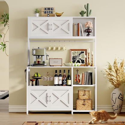 Huuger Large Bakers Rack with Power Outlet, Kitchen Microwave Stand with Cabinets, Coffee Bar Table Station with Storage, 6 S-Shaped Hooks, Mesh Shelves, 45 Inch Wooden Top, White - color: White