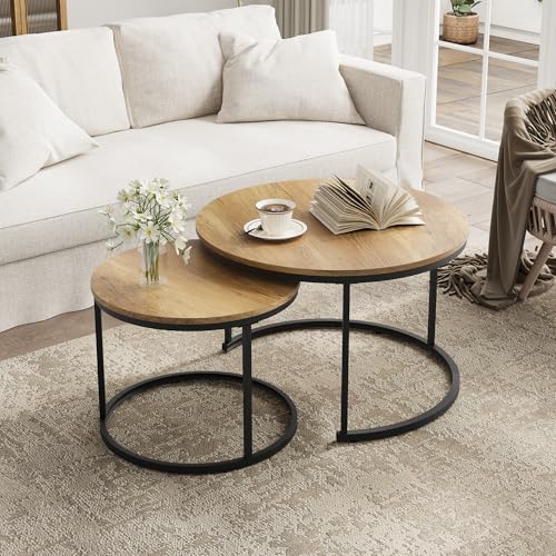 Smuxee Nesting Coffee Table Set of 2, 27.6" Round Coffee Table Wood Grain Top with Adjustable Non-Slip Feet, Industrial End Table Side Tables for Living Room Bedroom Balcony Yard - color: Brown, size: 27.6"W