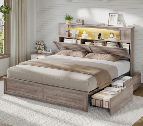 MSmask Farmhouse King Size Bed Frame with Bookcase and Storage Cabinets Headboard, Wood Platform Bed with LED Lights, Charging Station, 4 Drawers, Decoration Footboard, No Box Spring Needed, Grey - color: Grey, size: King
