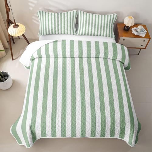 Green White Stripes All Season Quilt Set King,Striped Quilted Coverlet for Kids Adults,Classic Vertical Stripe Lightweight All Seasons Bedding,Modern Geometric Minimalist 3Pcs with 2 Pillow Shams - color: Green White Stripes, size: King