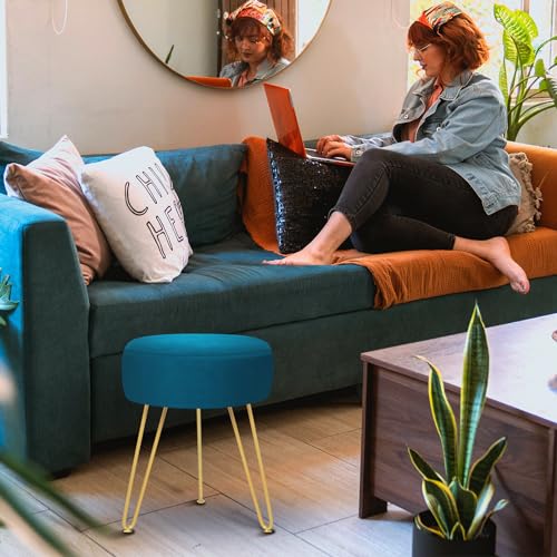 GERANT Multifunctional Vanity Stool - Velvet Footrest Stool-Upholstered Chair Stool -Ottoman Round Modern Dressing Chair - Side Coffee Table Seat with Golden Metal Leg for Living Room (Peacock Blue) - color: Peacock Blue