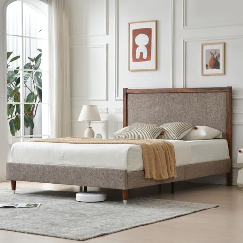 YUHUASHI Queen Upholstered Platform Bed Frame with Solid Wood Trim Headboard, Linen Fabric Upholstery, Sturdy Slat Support No Box Spring Needed, Easy Assembly (Coffee, Queen (U.S. Standard)) - color: Coffee, size: Queen (U.S. Standard)