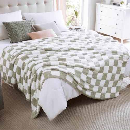 Soft King Size Checkered Blanket for Bed-Cozy Knitted Blankets | Lightweight Fluffy Warm Decor for Women, Mom, Her & Girls, Sofa, Chair, Couch, 90x108in, Sage Green - color: Aloe Sage, size: King(90"x108")